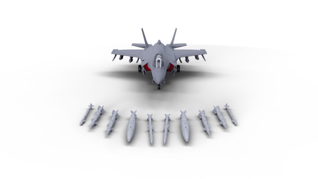 Figure 1: CAD Render of the F-35®A kit with some of the weaponry in front.